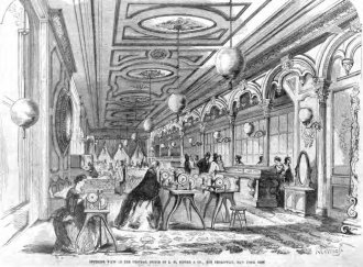 Contemporary magazine illustration of the New York headquarters of I. M. Singer&Co. in 1857