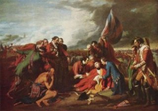 Death of General James Wolfe by stray cannon shot at Battle of Quebec in 1759 painted by Benjamin West in 1770
