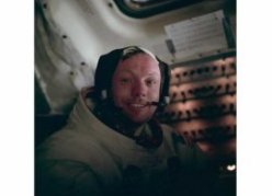 Neil Armstrong in the lunar module Eagle shortly after his historic first moonwalk,  when he became the first human to set foot on a world besides Earth.