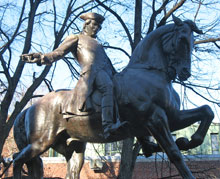 Statue of Paul Revere commemorates his midnight ride to warn the British are Coming