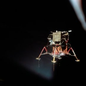 The Apollo 11 lunar module Eagle is seen from the Columbia command module in this photograph by command module pilot Michael Collins on July 20, 1969. Aboard the Eagle, Apollo 11 commander Neil Armstrong and lunar module pilot Buzz Aldrin prepared to land on the surface of the moon for the first time.