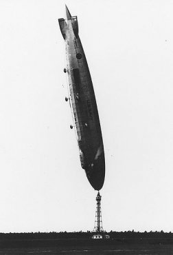 The USS Los Angeles airship ended up nearly vertical after its tail rose out of control while moored at the Naval Air Station Lakehurst, New Jersey in 1927.
